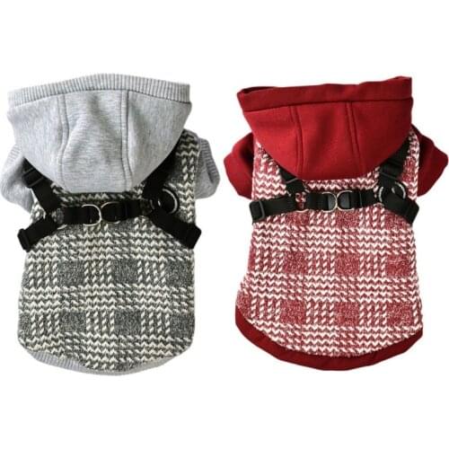 Pet Dog Hoodie Autumn Winter Pet Cotton Jacket With Harness Plaid Print Warm 2-Legged With Button Fine Velvet Coat Pet Clothing