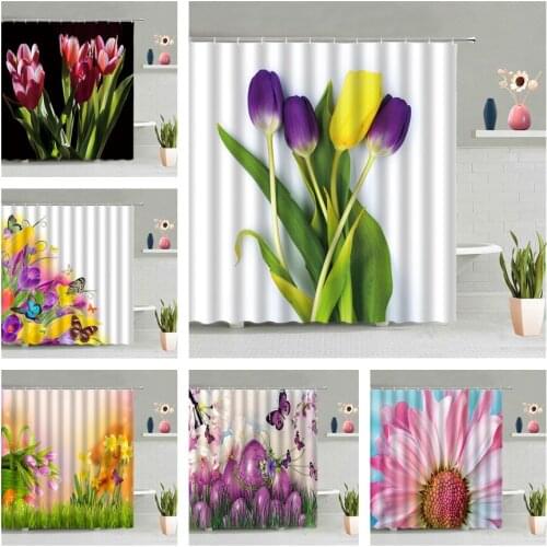 Tulips Flower Shower Curtain Plant Flowers Butterfly Bathroom Waterproof Wall Hanging Curtains Accessories Screen Home Decor