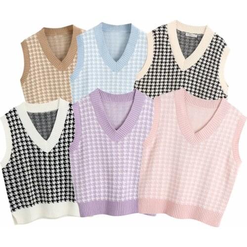 PUWD Vintage Women Houndstooth Knitted Sleeveless Sweater 2020 Chic Ladies Autumn Oversized Vest Female casual Streetwear