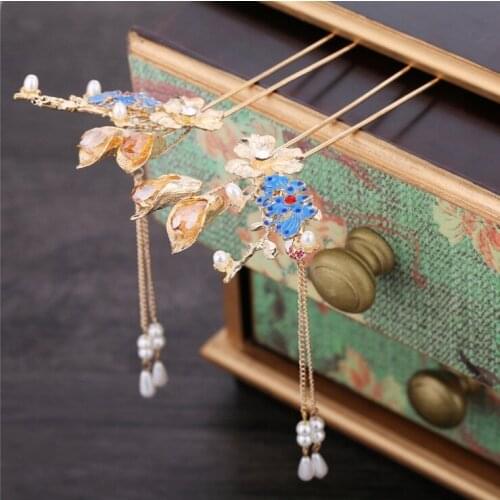 1 set Classical Flower Pearls Tassel Hair Clasp Decor Chinese Traditional Style Hair Stick Hair Pin Hanfu Headwear accessories