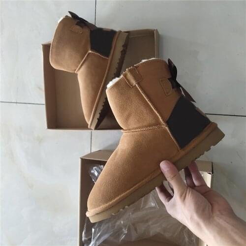 2021 Fashion Women Warm Ankle bowknot Snow Boots Winter Boot Genuine Cowhide Leather Women Boots Ankle Boots Fur Shoe large Size
