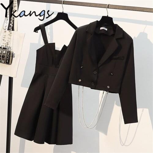 Vestidos Black Suspender Dress+Cool With Chian Suit Jachet Solid Color Simplicity Oversize Two Piece Set Summer Women Clothing