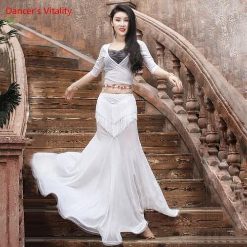 Belly Dance Suit Water Yarn Top Half Sleeve Tassel Sequins Skirt Practice Clothes Female Oriental Dancing Performance Clothing