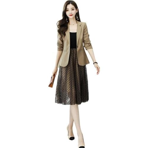 Korean office clothes women skirt suit office lady suit jacket Polka dot mesh skirt 2 piece set women blazer and skirt set