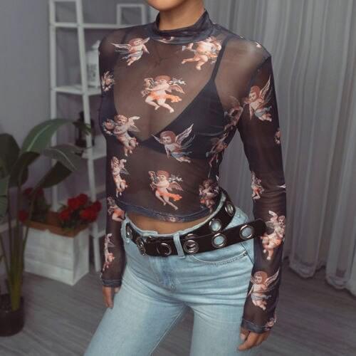 Fashion transparent black Angel print mesh top turtleneck Cupid female t-shirt crop top tee summer sexy t shirt 2019