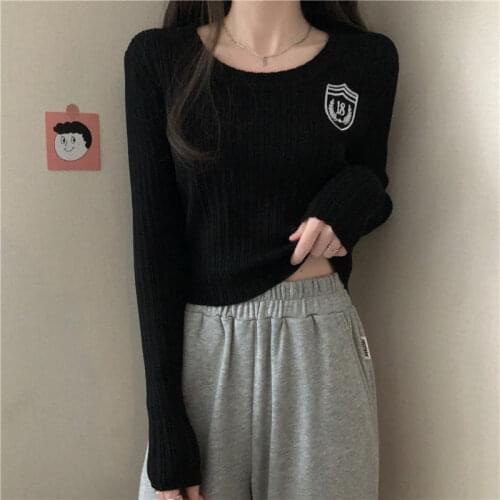 Woman Sweaters High Waist Short Midriff-Baring Top Womens Round Neck Spring Autumn Tight Sexy Long Sleeve Knitted