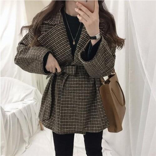 Vintage Plaid Blazer Jacket for Women Loose Long Sleeve Office Woolen Coat with Belt Casual Houndstooth Outerwear Tops X200