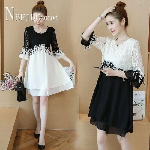2020 Spring Summer Korean Plus Size New Women Dress Round Neck Patchwork Lace Female Dresses