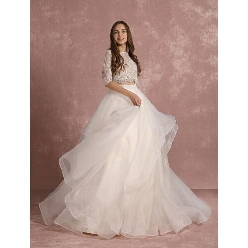 2 Piece Wedding Dress Lace Organza Backless Summer Wedding Dresses 2020 Half Sleeve A Line Tiered Bridal Dress With Court Train