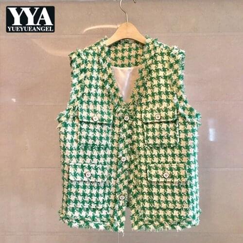 2021 New Womens Autumn Elegant Tweed Loose Vest Jackets Office Lady V-Neck Single Breasted Casual Fashion Sleeveless Vest