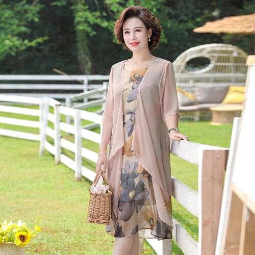 2pcs/set, Print Long Dress for Women Oversize Summer Half Sleeve Casual Loose Middle Age Mother Plus Size 5XL Dress Fashion 2021