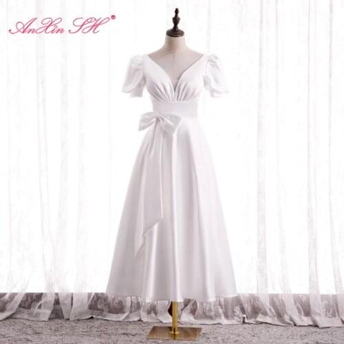 AnXin SH princess white satin evening dress vintage party v neck puff sleeve big bow lace up evening dress little white dress