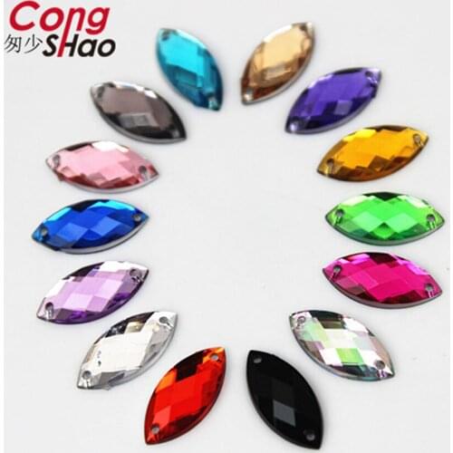 Cong Shao 200PCS 7*15mm Marquise Shape Acrylic rhinestone trim stones Crystal Gems flatback sewing 2 Hole costume Button CS107