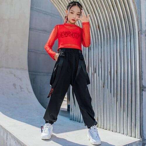 New Girls Dance Costume Jazz Performance Clothes Hip Hop Clothing Kids Street Dance Red Tops Black Pants Stage Costume BL6332