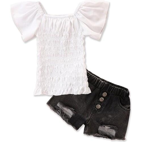 Bmnmsl 2 Pieces Kids Suit Set Girls Solid Color Square Neck Short Puff Sleeve Top+ Ripped Denim Shorts for Toddler