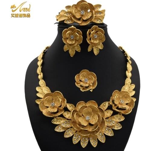 Indian Jewelery Set African Necklace Sets For Women 4pcs Earrings Rings Bracelet Bridal Gold Plated Bridesmaid Gift Accessories