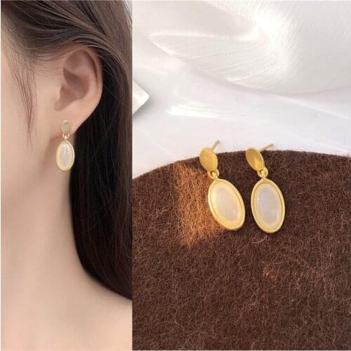 Korean Cute Simple Oval Opal Water Drop Pendent Earrings for Women Girls Kids Ear Jewelry Accessory Gift 2021 Trend New Arrival