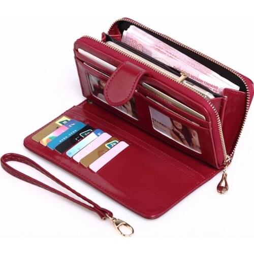 Leather Women Long Zipper Oil Wax Wallet Big Capacity Hasp Zipper Purse Ladies Long Wristlet Clutch Coin Card Holders Portomonee