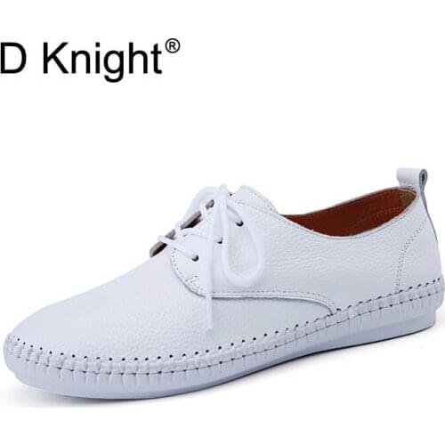 New Women Genuine Leather Flat Shoes Concise Ladies Casual Lace Up Cow Leather Flats Comfortable Moccasins Loafers For Women