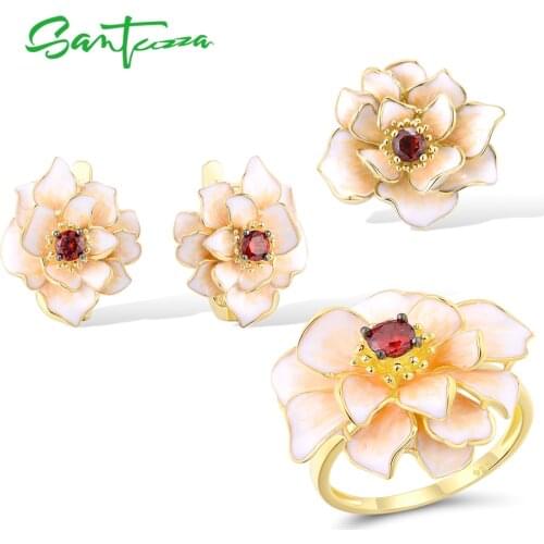 SANTUZZA 925 Sterling Silver Jewelry Set For Women White Enamel Lotus Flower Pendant Earrings Ring Set Stylish Fine Jewelry Gift