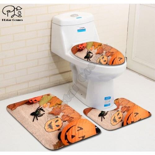Halloween pumpkin car pattern funny 3D printed Bathroom Pedestal Rug Lid Toilet Cover Bath Mat Set drop shipping style-3