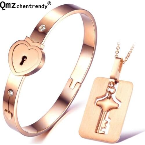 Couple Jewelry Set Stainless Steel Keys Concentric Pendants Necklaces Heart Lock Bracelets Lovers Birthday Wedding Gift 2Colors