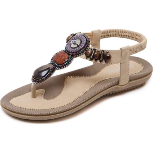 Summer New T-shaped Female Sandals, Female Slippers, Beach Bohemian Retro Beaded Large Size Flat Shoes