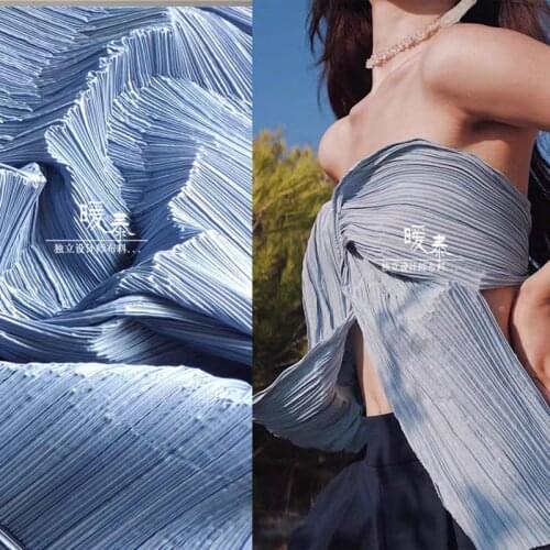 Pleated Fabric Miyake Pleats Imitation cotton linen Light blue DIY Patchwork bazin riche Pants Dress Designer Fabric