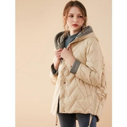 2021 Winter New Fashion 90 White Duck Down Coat All Match Women Literary Knitting Contrast Color Double Layer Hat Puffer Jacket