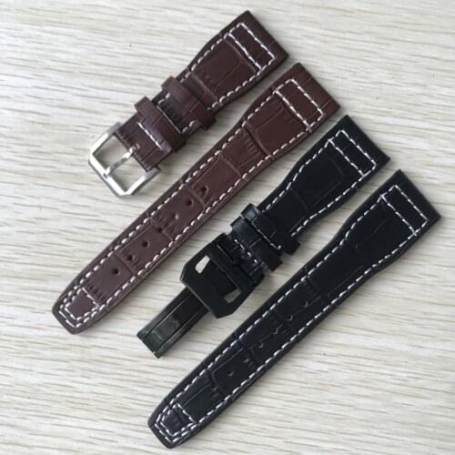 22mm Brown Black With White stitches Genuine leather Watchband Replace For IWC Big Pilot Deployant Clasp Watch Strap Bracelet