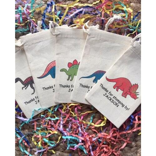 Dinosaur Party Favor bag personalized cotton birthday party gift bags baptism gift welcome drawstring bags treat bag Set of 10
