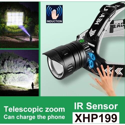 Super Powerful XHP199 Headlamp Flashlights 18650 Rechargeable LED Head Lamp IR Sensor XHP90 Headlight Fishing Head Lantern Torch