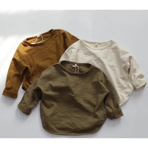 Spring Fall Children Long Sleeve T-shirts Korean Style Cotton Loose Baby Boys Girls T-shirts Solid Color Kids Tops Clothes