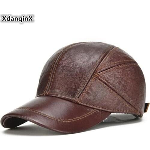 XdanqinX Adjustable Size Earmuffs Hat Cowhide Leather Hat Genuine Leather Cap Mens Warm Baseball Caps Men Fashion Brands Hats