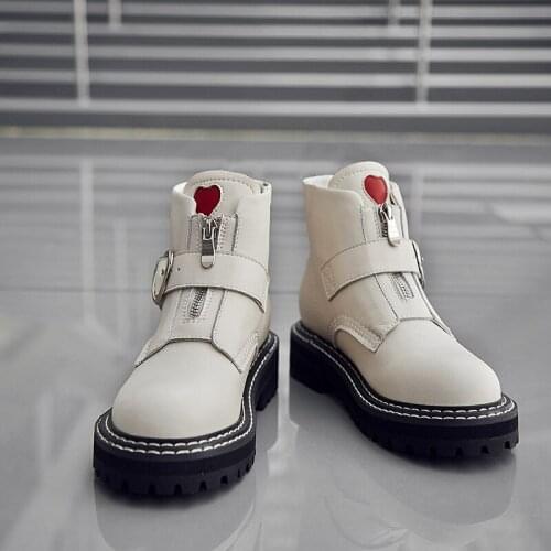 Nice New Women Boots Heart Buckle Ankles Boots for Girls Thick Heel Leather Women Short Boots Spring Shoes Female Black Beige