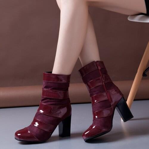 New Ladies Spring Autumn Patent Leather Stitching Faux Suede Mid Calf Boots Fashion Zipper Short Boots Winter Warm Womens Shoes
