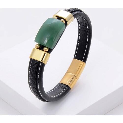 High Quality Natural Stone Women Bracelet Charm Black Braided Leather Cord Bracelet Handmade Fashion Jewelry Gift
