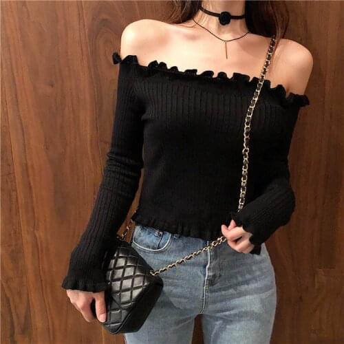 Sexy Knitted Sweater Famale Short Women Jumper Off Shoulder Tops Harajuku Sweaters 2021 Korean Ladies WomenS Pullovers