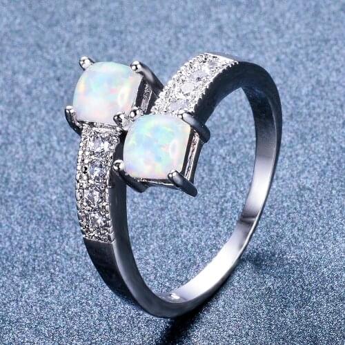 Blaike Double Square Small White/Blue Fire Opal Rings For Women Silver Color Birthstone Ring Wedding Party Jewelry