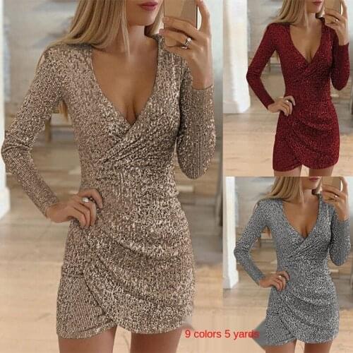 2021 Spring and Autumn New Womens Sexy V-neck Bag Hip Irregular Short Skirt Sequin Dress