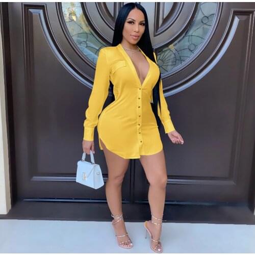 Women Sexy Deep V Shirt Dress Fashion Long Sleeve Single Breasted Shirt Dress Women