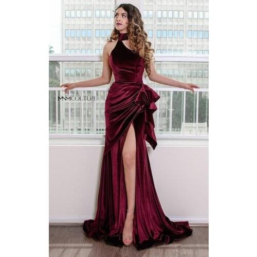 Elegant Halter Long Burgundy Velvet Mermaid Evening Dress with Bow Floor Length Split Zipper Back Formal Party Dress for Women
