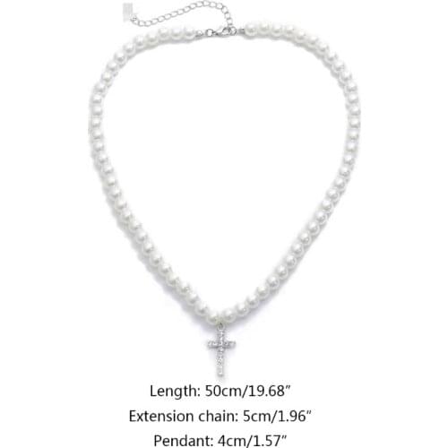 Imitation Pearls Chain Vintage Artificial Diamond Cross Pendant Necklace for Women Jewelry Gifts Dropshipping