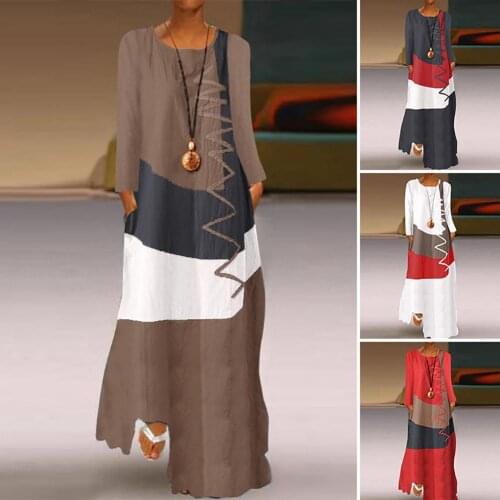 Women Vintage O Neck Long Sleeve Color Block Wavy Line Pockets Maxi Loose Dress