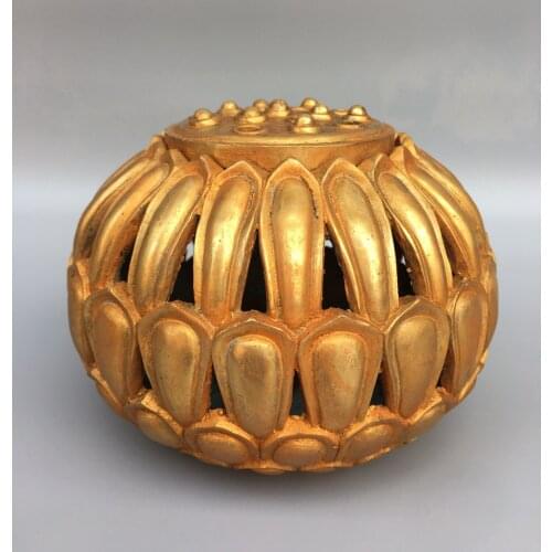 5"Chinese Folk Collection Old Bronze Gilt Lotus incense burner Hollow out Incense Office Ornaments Town House Exorcism