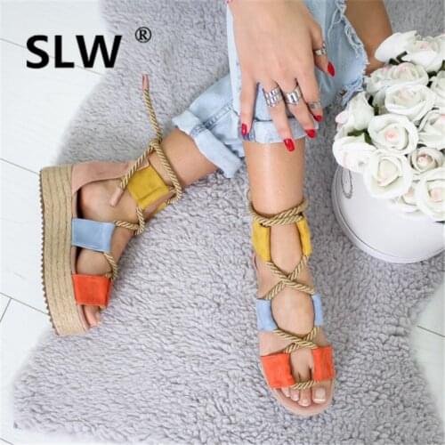 Fashion Womens Shoes 2019 Cross-shoes Multicolored Sandals Clogs Wedge Large Size Summer Heels Luxury On Flat Velvet Gladiator