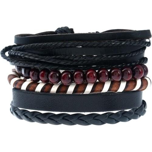Genuine Leather Strap Bracelets Punk Leather Rope Bracelets & Bangles Set Wood Beads Bracelet For Men Wrap Wristband Jewelry