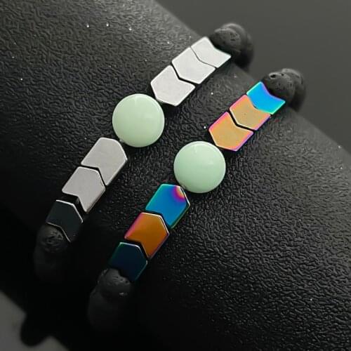 POMLEE Unisex Charm Natural Stone Bracelets for Men Women Volcanic Stone 6 mm Hematite Aquamarine Rope Chain Bracelets Bangles