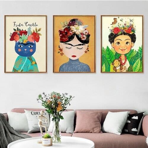 Color Cartoon Girl Portrait Decorative Painting Cute Cat Flower Butterfly Wall Canvas Poster Bedroom Hanging Pictures Home Decor