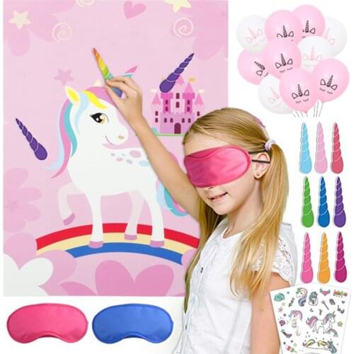 Children Unicorn Party Decoration Kids Unicornio Pin Game Set 1pcs Unicorn Poster+ 12 Unicorn Horns +1 Blindfolds